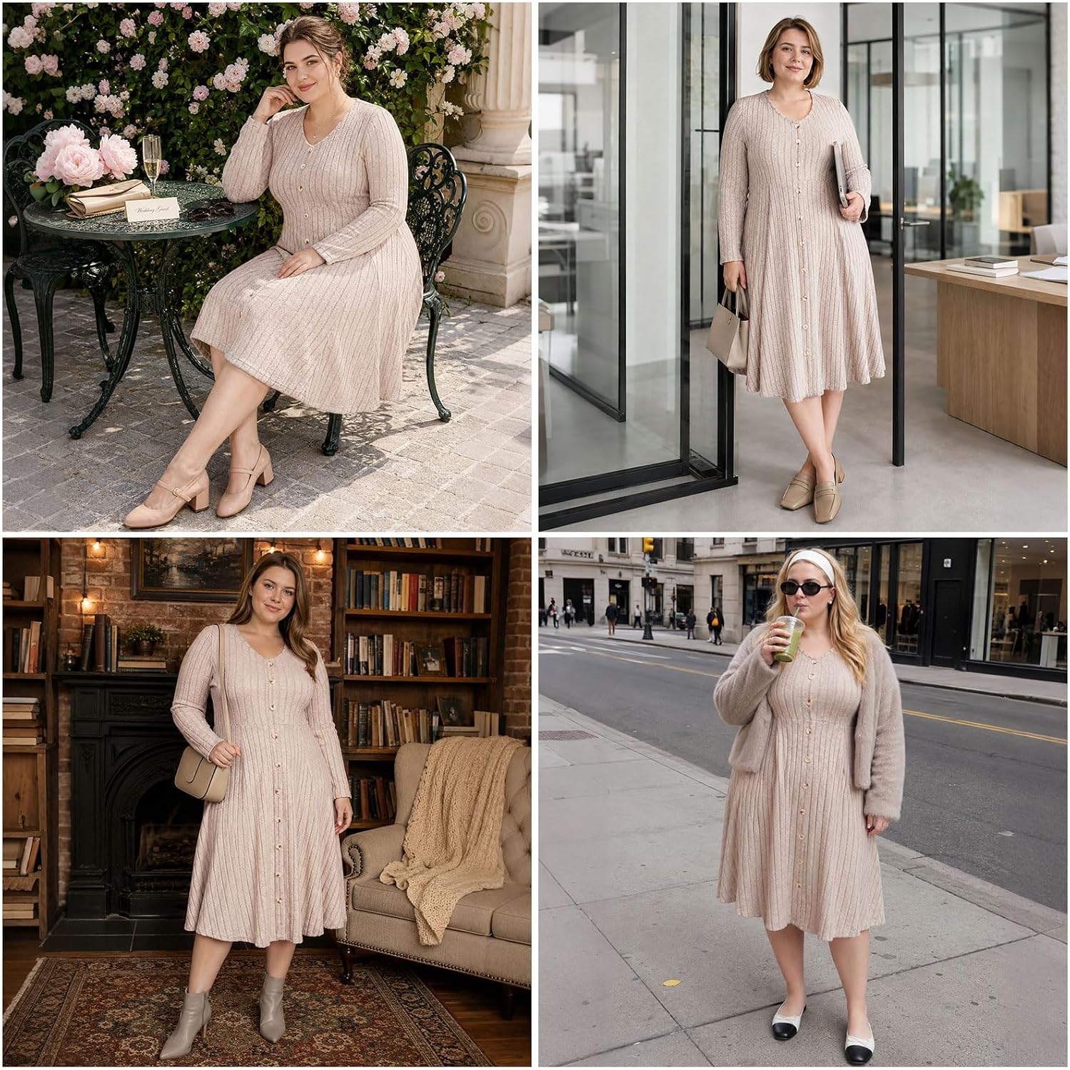 Moon Wood Plus Size Sweater Dress for Women Long Sleeve Midi Fall Dresses with Pocket - Khaki