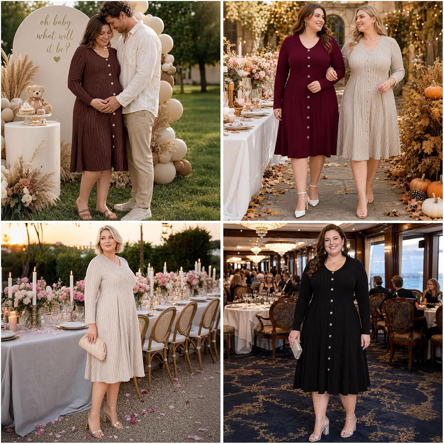 Moon Wood Plus Size Sweater Dress for Women Long Sleeve Midi Fall Dresses with Pocket - Khaki