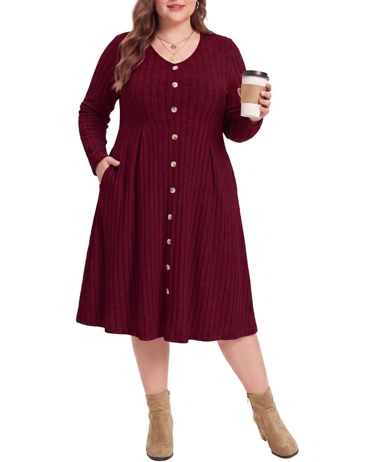 Moon Wood Plus Size Sweater Dress for Women Long Sleeve Midi Fall Dresses with Pocket - Wine Red