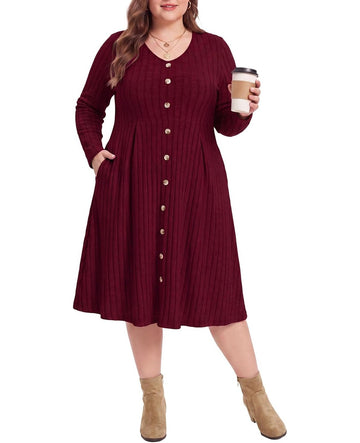 Moon Wood Plus Size Sweater Dress for Women Long Sleeve Midi Fall Dresses with Pocket - Wine Red