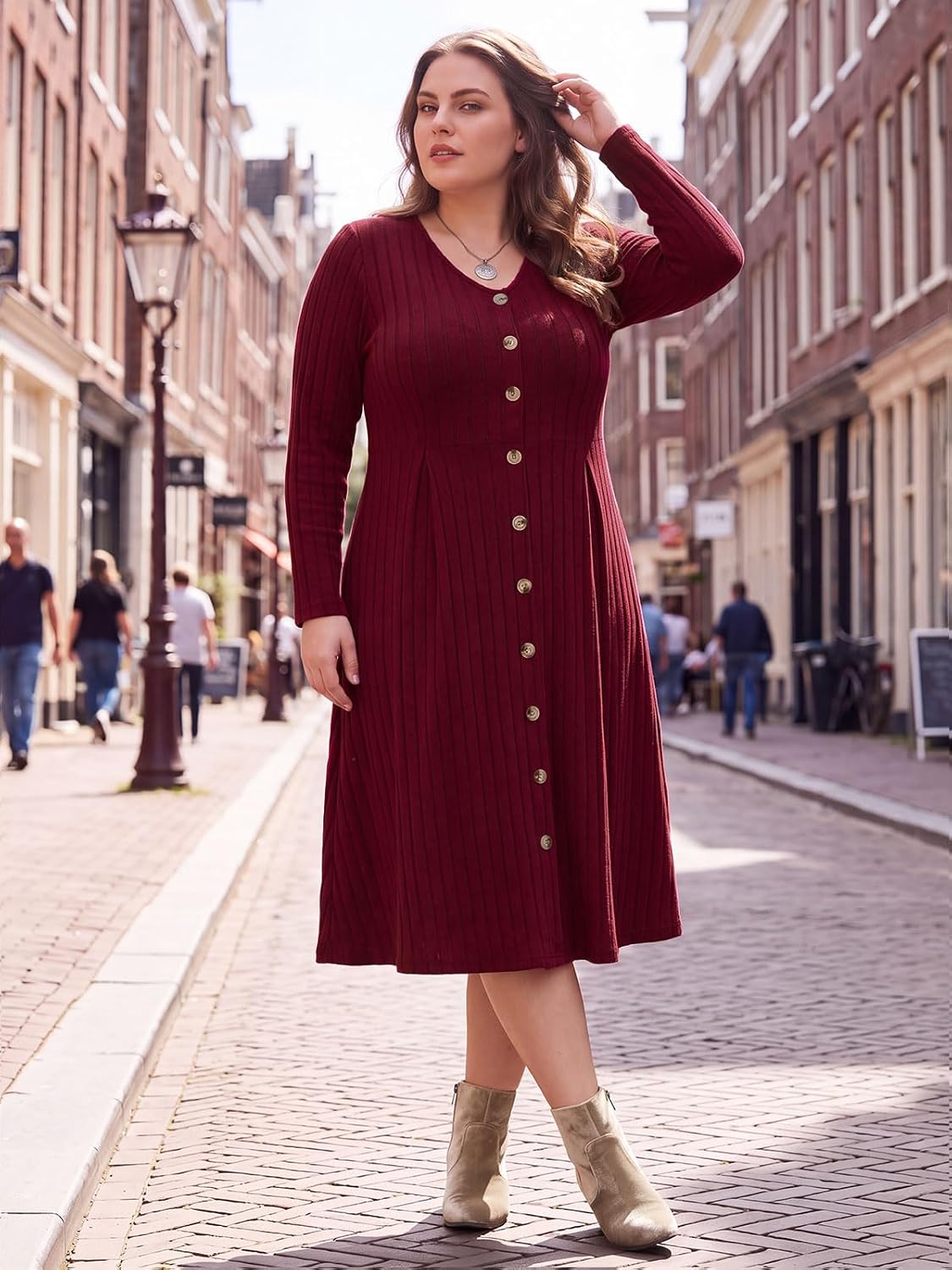 Moon Wood Plus Size Sweater Dress for Women Long Sleeve Midi Fall Dresses with Pocket - Wine Red
