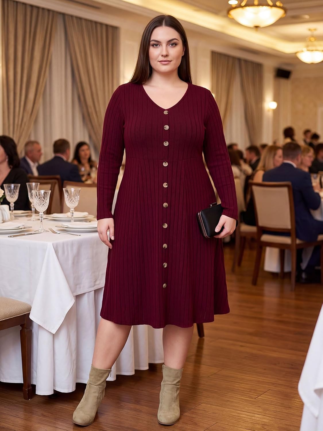 Moon Wood Plus Size Sweater Dress for Women Long Sleeve Midi Fall Dresses with Pocket - Wine Red