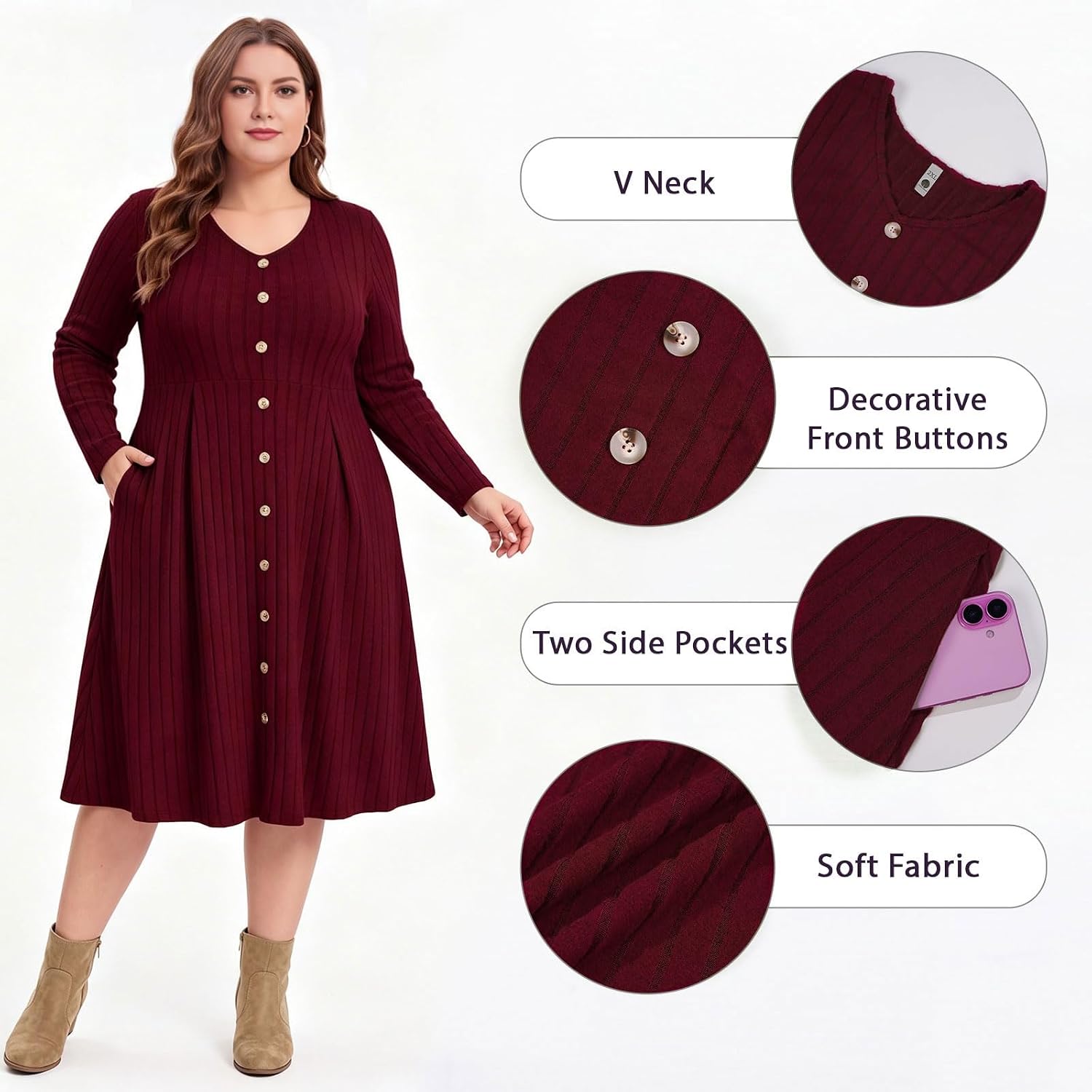 Moon Wood Plus Size Sweater Dress for Women Long Sleeve Midi Fall Dresses with Pocket - Wine Red