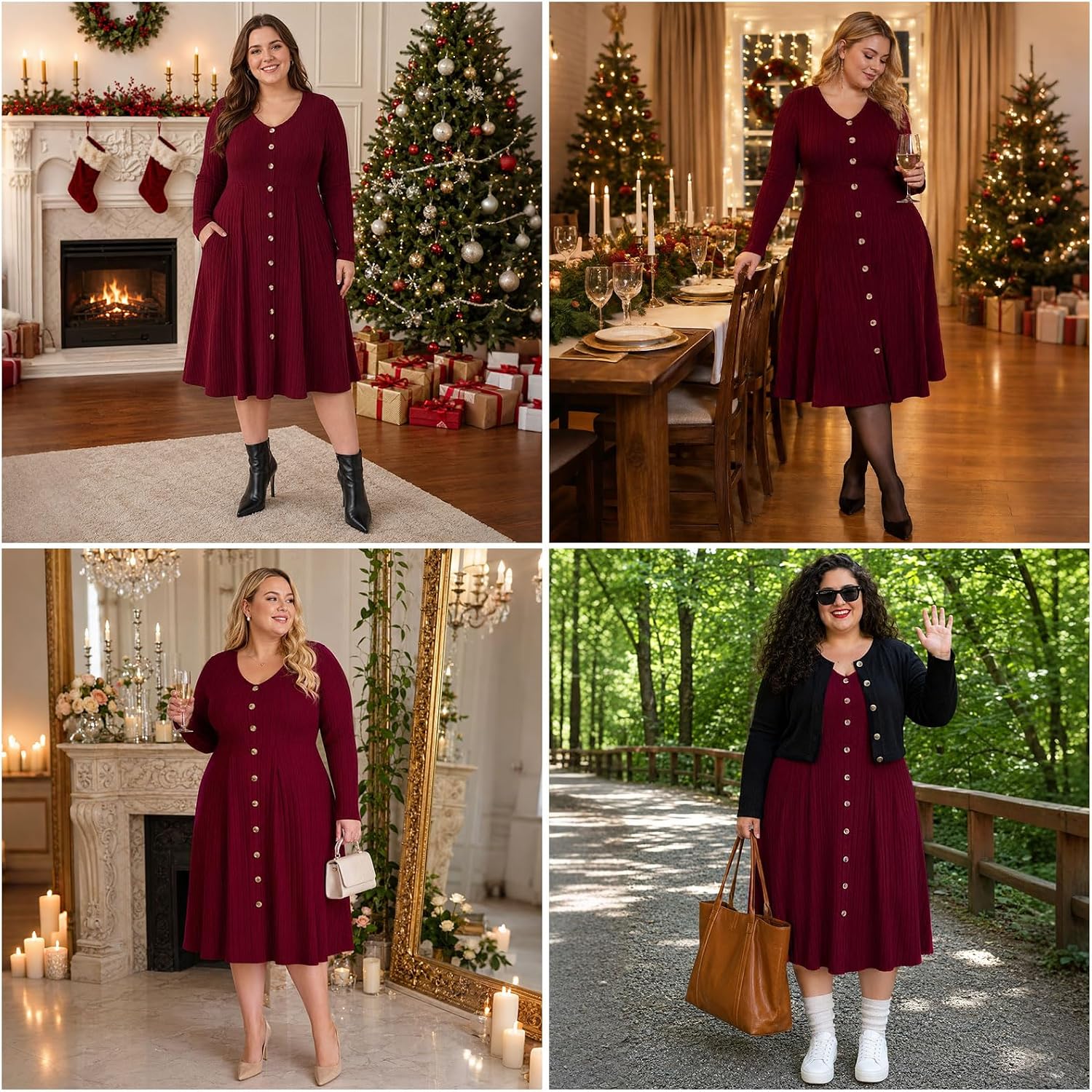 Moon Wood Plus Size Sweater Dress for Women Long Sleeve Midi Fall Dresses with Pocket - Wine Red