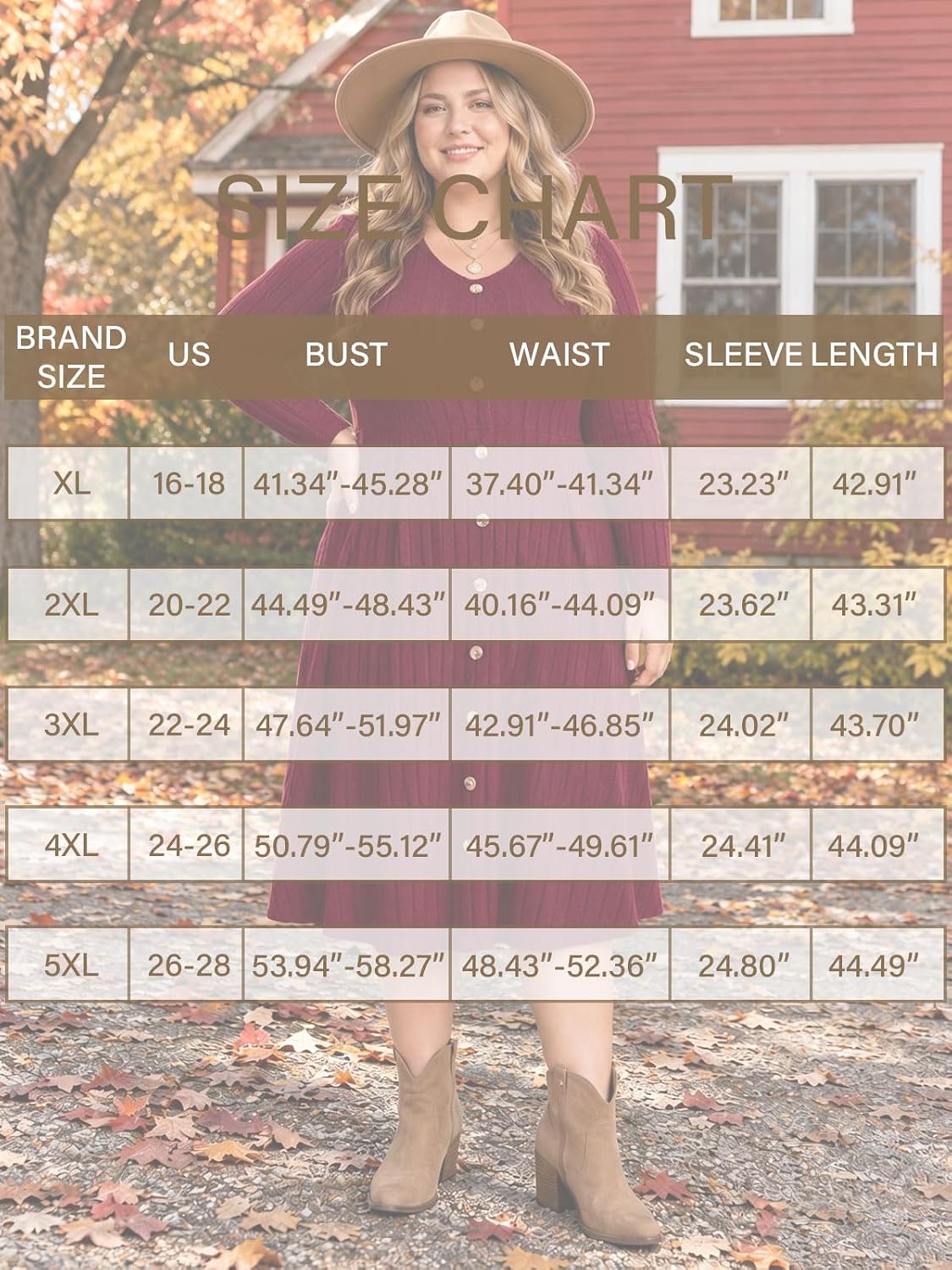 Moon Wood Plus Size Sweater Dress for Women Long Sleeve Midi Fall Dresses with Pocket - Wine Red
