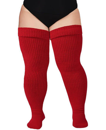 Moon Wood Plus Size Thigh High Socks for Thick Thighs Extra Long Over the Knee Stockings - Red - view 1