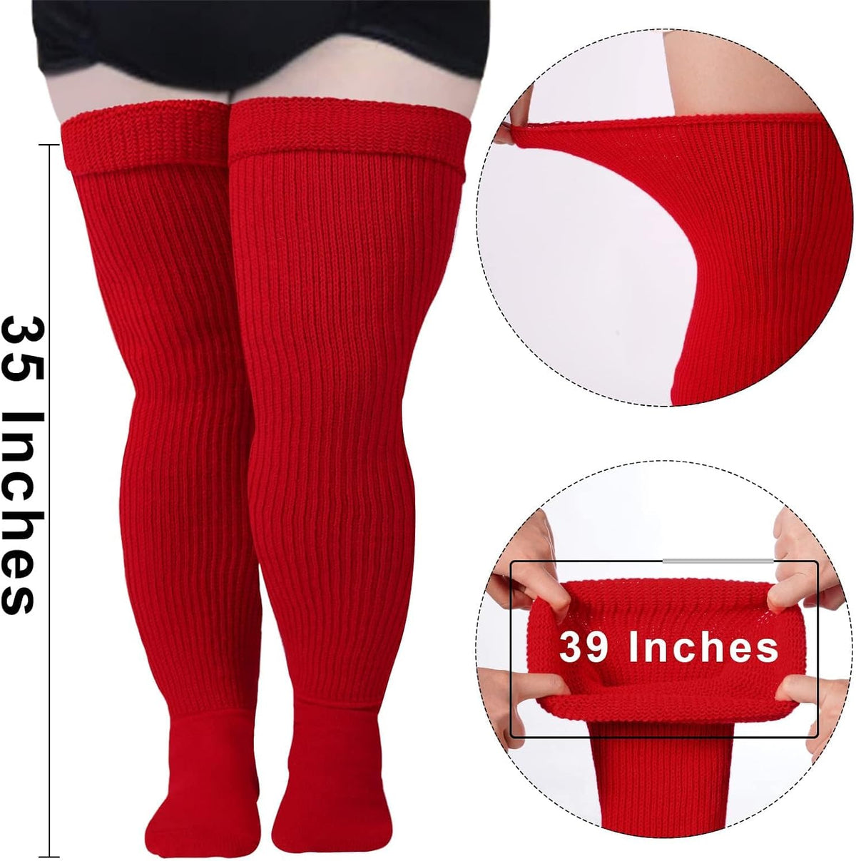 Moon Wood Plus Size Thigh High Socks for Thick Thighs Extra Long Over the Knee Stockings - Red - view 4