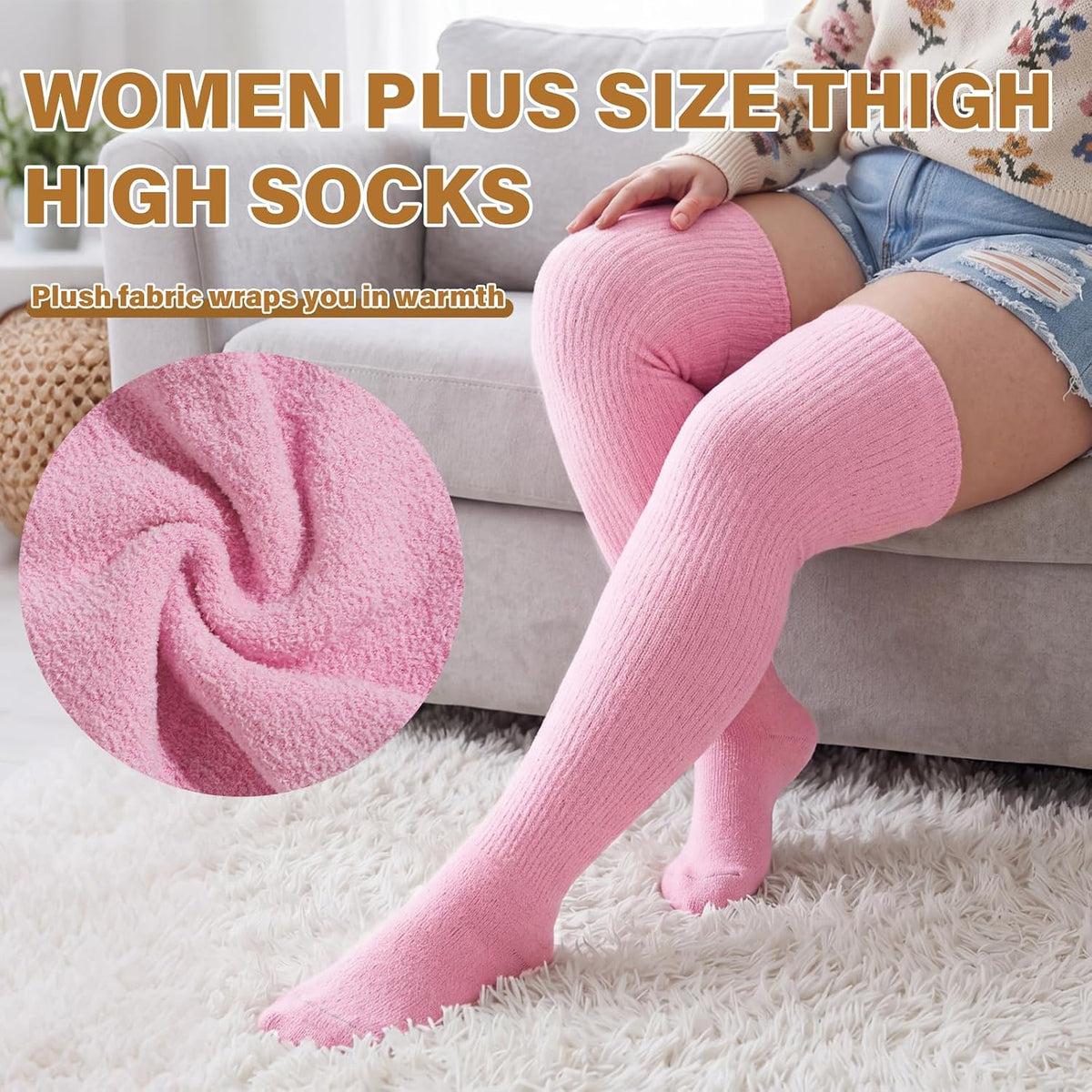 Moon Wood Plus Size Thigh High Stockings Over the Knee Thick Leg Warmers - Light Pink - view 5