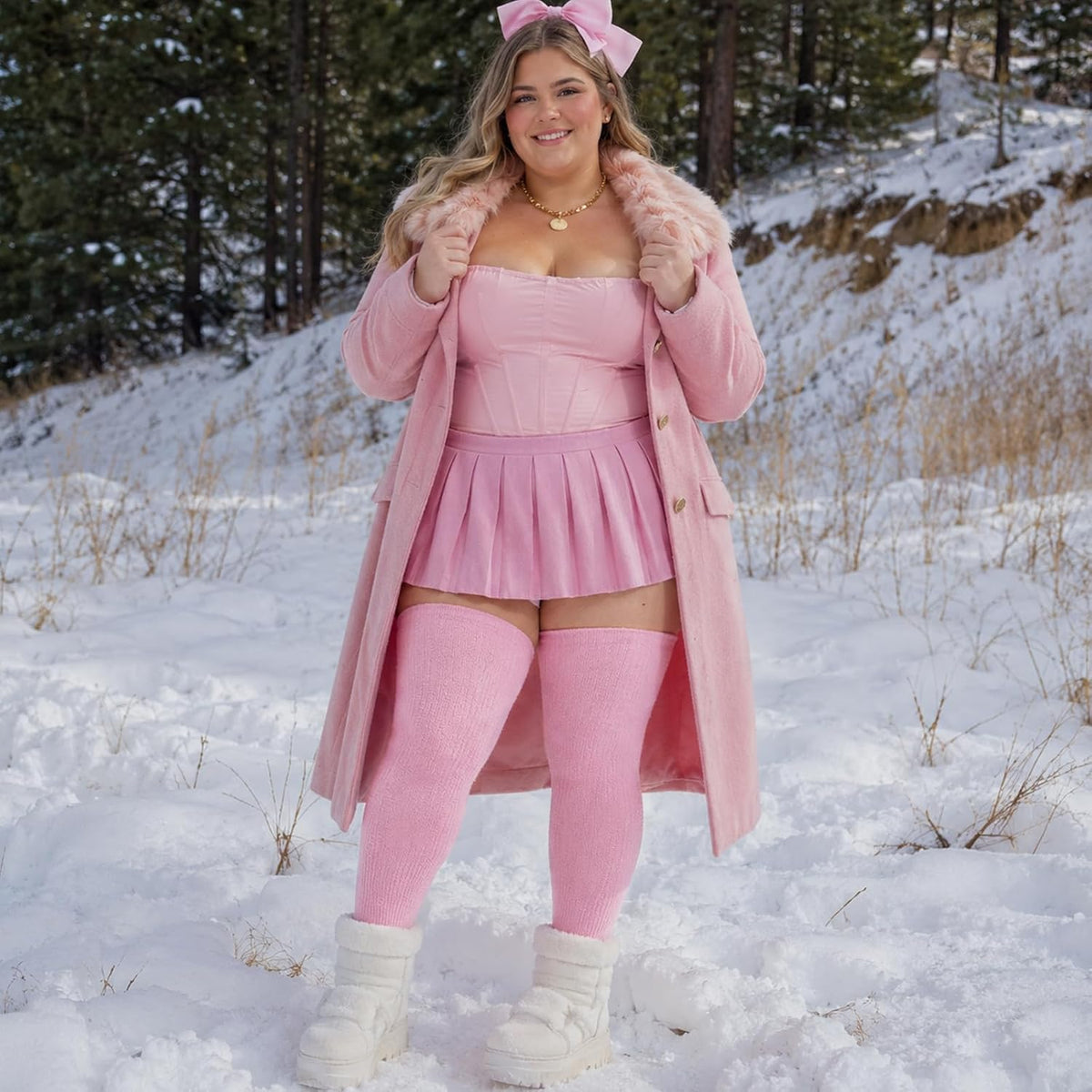 Moon Wood Plus Size Thigh High Stockings Over the Knee Thick Leg Warmers - Light Pink - view 6