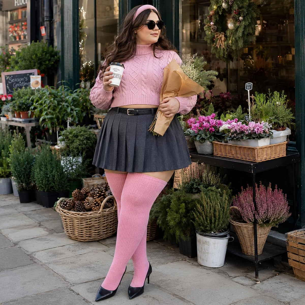 Moon Wood Plus Size Thigh High Stockings Over the Knee Thick Leg Warmers - Light Pink - view 7
