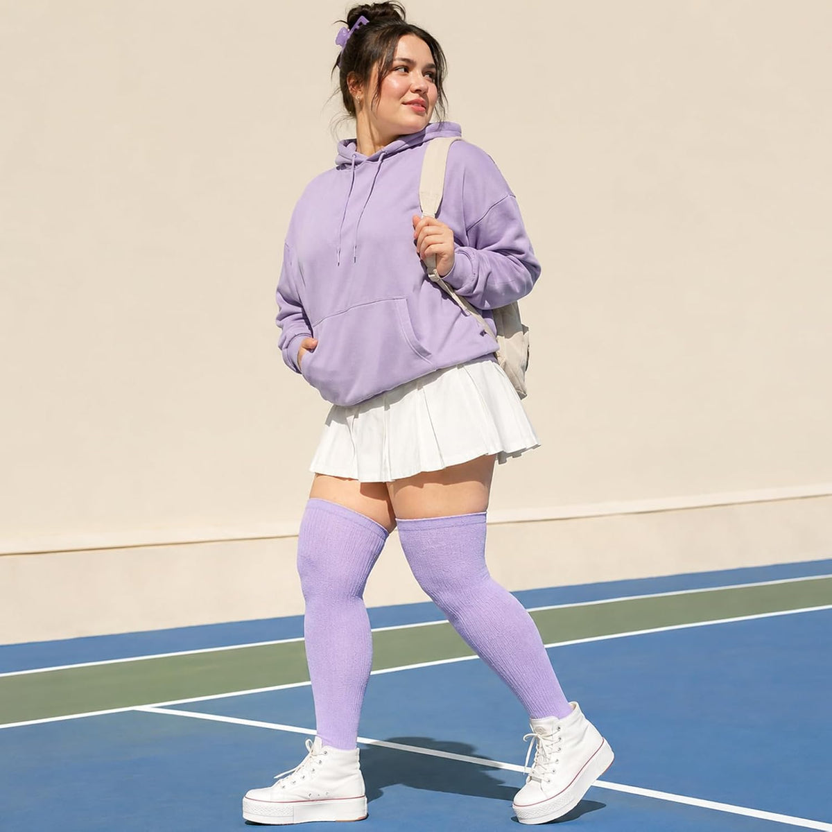 Moon Wood Plus Size Thigh High Stockings Over the Knee Thick Leg Warmers - Light Purple - view 3