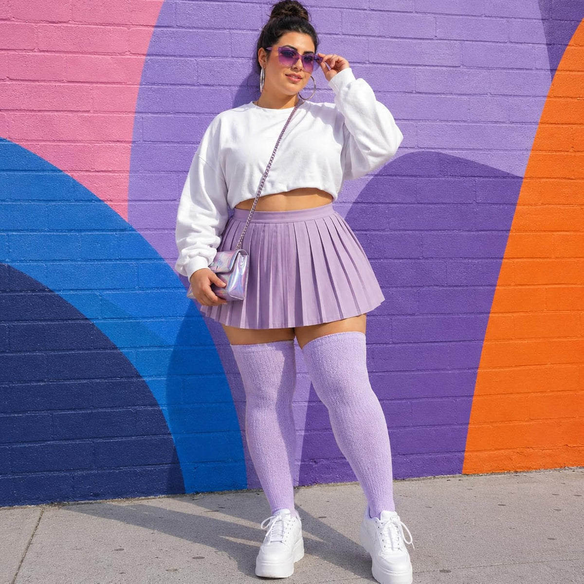 Moon Wood Plus Size Thigh High Stockings Over the Knee Thick Leg Warmers - Light Purple - view 6