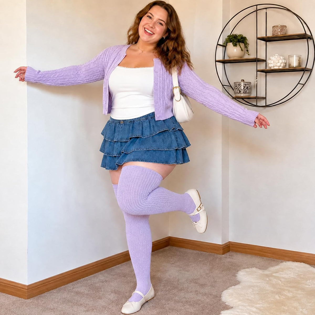 Moon Wood Plus Size Thigh High Stockings Over the Knee Thick Leg Warmers - Light Purple - view 7