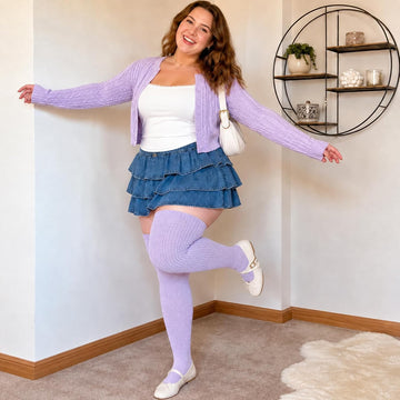 Moon Wood Plus Size Thigh High Stockings Over the Knee Thick Leg Warmers - Light Purple - view 7