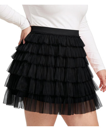 Moon Wood Plus Size Tulle Skirt for Women Ruffle Tiered Layered Mini Skirts - Black