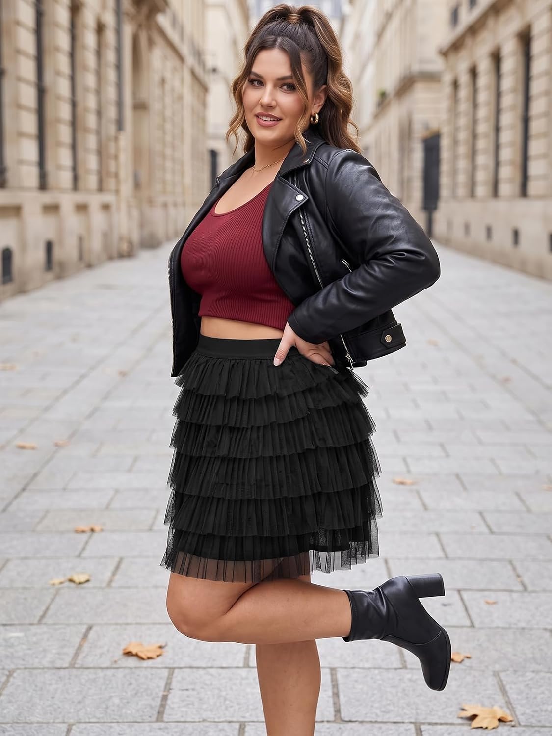 Moon Wood Plus Size Tulle Skirt for Women Ruffle Tiered Layered Mini Skirts - Black