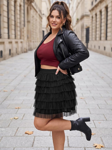 Moon Wood Plus Size Tulle Skirt for Women Ruffle Tiered Layered Mini Skirts - Black