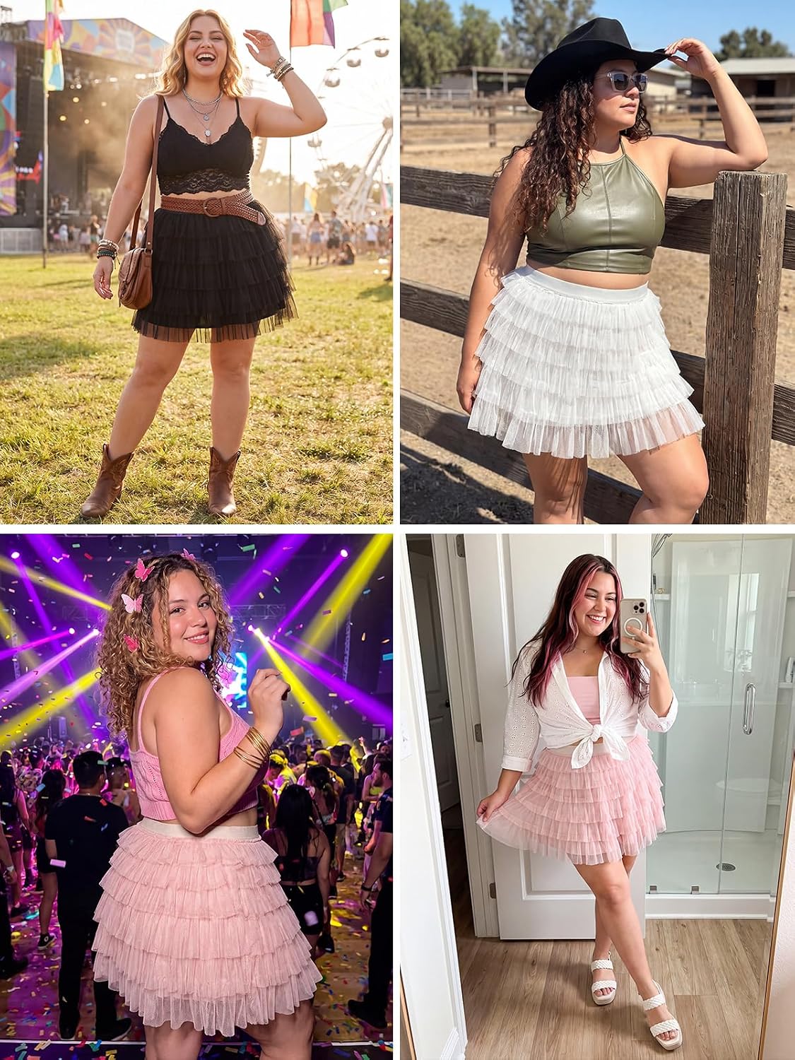 Moon Wood Plus Size Tulle Skirt for Women Ruffle Tiered Layered Mini Skirts - White