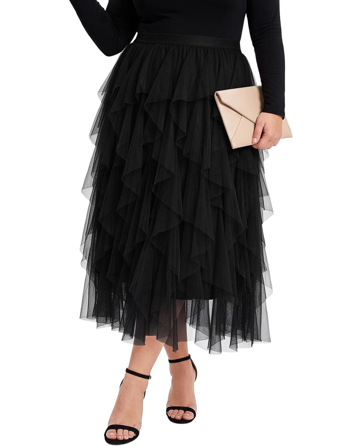 Moon Wood Plus Size Tulle Skirts for Women Maxi Long Layered Tutu Skirt - Black