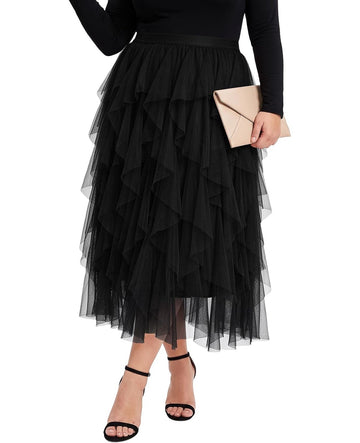 Moon Wood Plus Size Tulle Skirts for Women Maxi Long Layered Tutu Skirt - Black