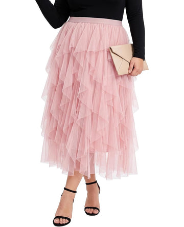 Moon Wood Plus Size Tulle Skirts for Women Maxi Long Layered Tutu Skirt - Pink