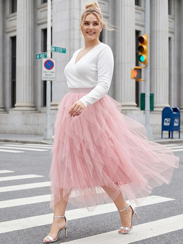 Moon Wood Plus Size Tulle Skirts for Women Maxi Long Layered Tutu Skirt - Pink