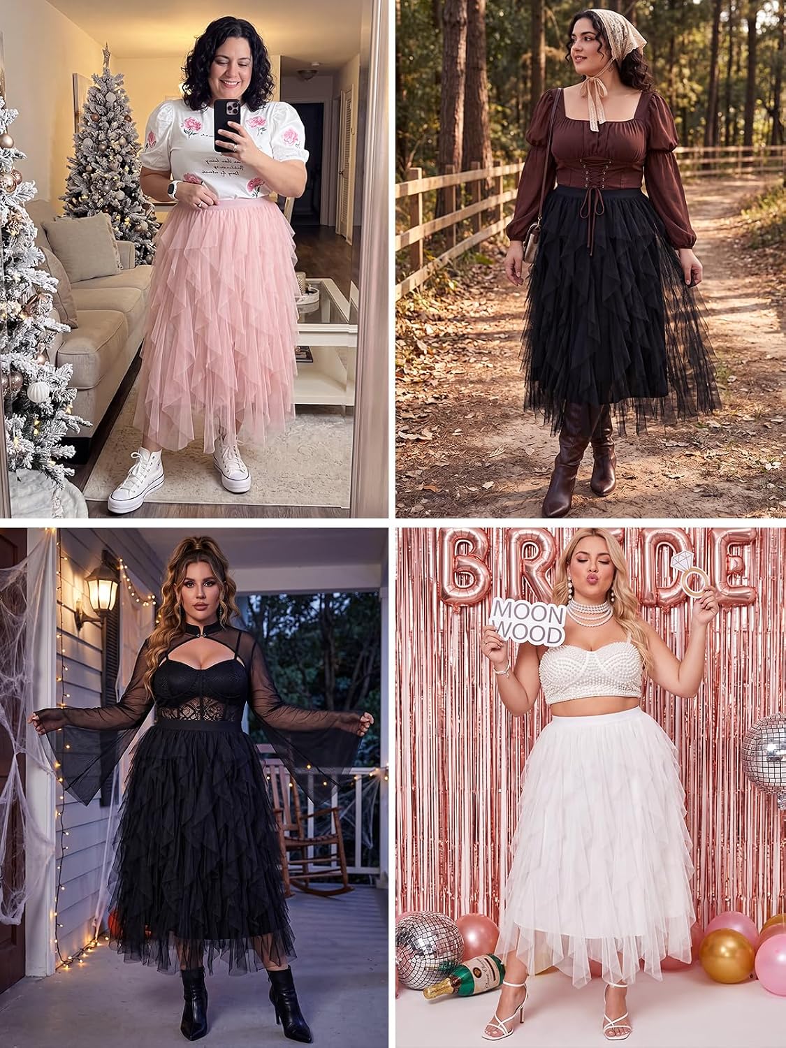 Moon Wood Plus Size Tulle Skirts for Women Maxi Long Layered Tutu Skirt - Pink
