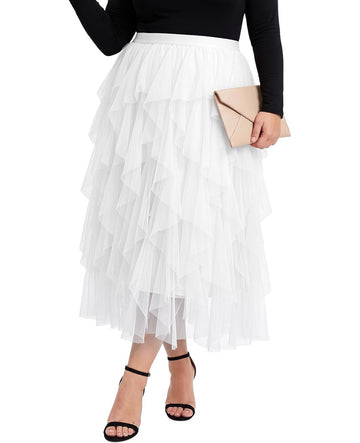 Moon Wood Plus Size Tulle Skirts for Women Maxi Long Layered Tutu Skirt - White
