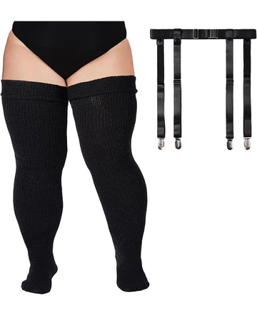 Moon Wood Plus Size Womens Thigh High Socks with Garter Belts - Black