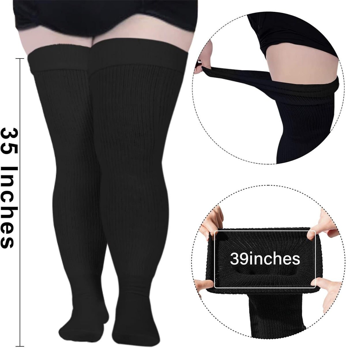 Moon Wood Plus Size Womens Thigh High Socks with Garter Belts - Black