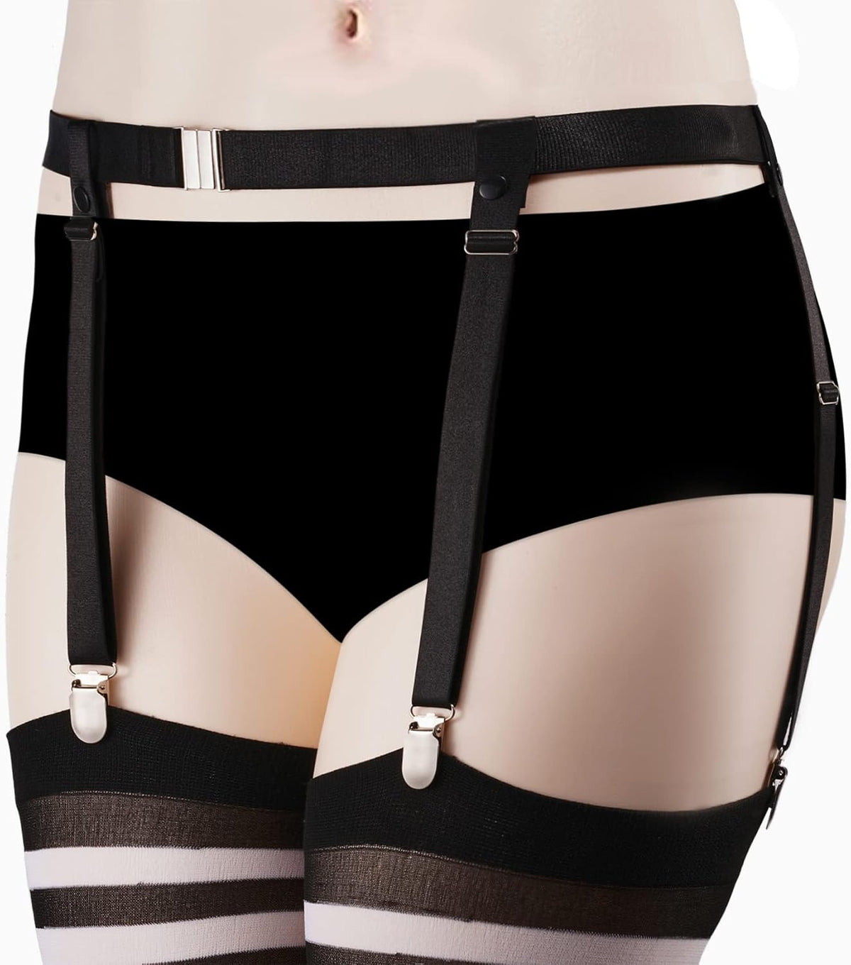 Moon Wood Plus Size Womens Thigh High Socks with Garter Belts - Black