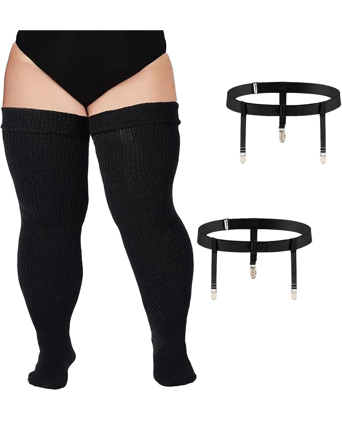 Moon Wood Plus Size Womens Thigh High Socks with Thigh Garter - Black