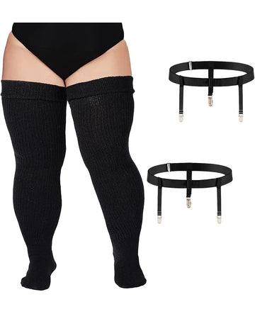 Moon Wood Plus Size Womens Thigh High Socks with Thigh Garter - Black