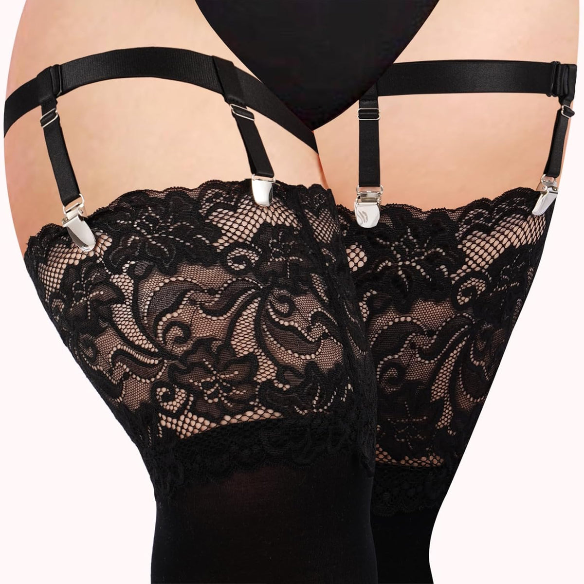 Moon Wood Plus Size Womens Thigh High Socks with Thigh Garter - Black