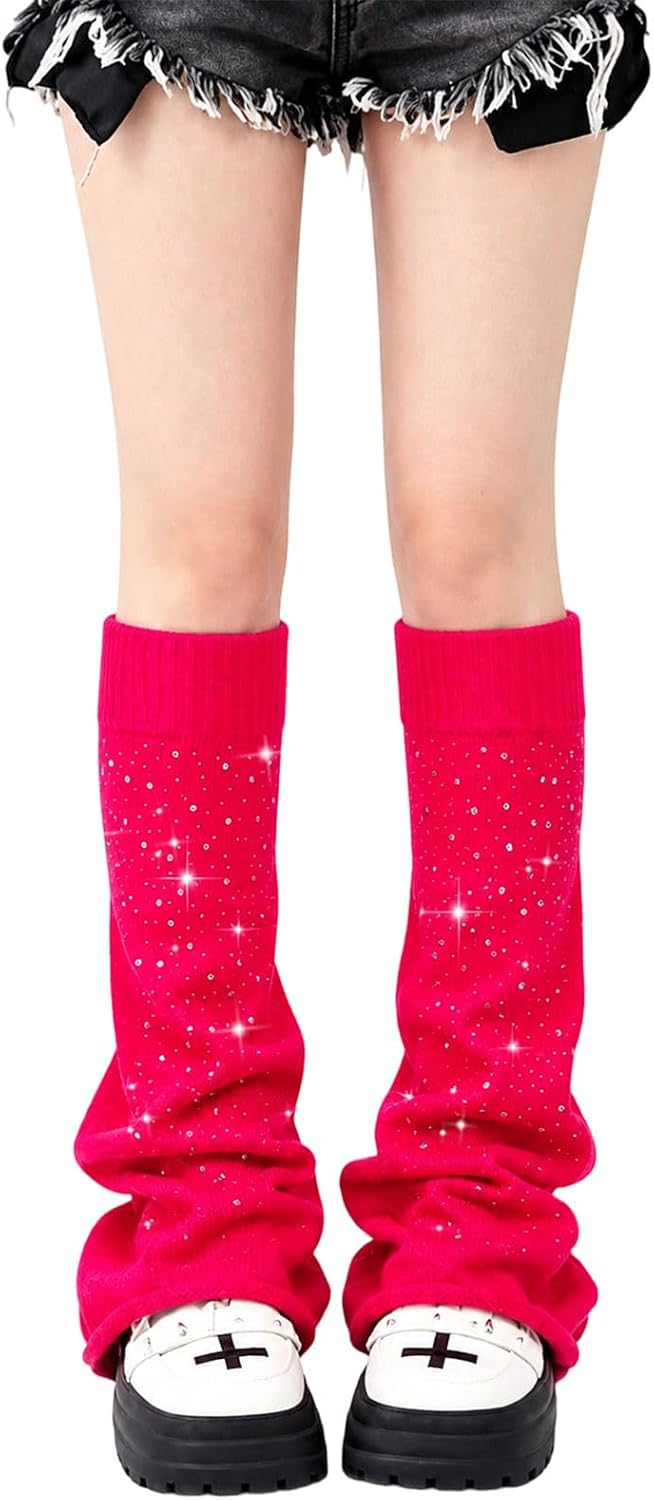 Red slouchy leg warmers with rhinestone sparkle pattern, elastic cuffs and flared legs