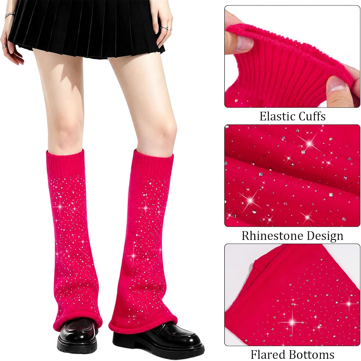 Red slouchy leg warmers with elastic cuffs, rhinestone speckle, and flared bottoms