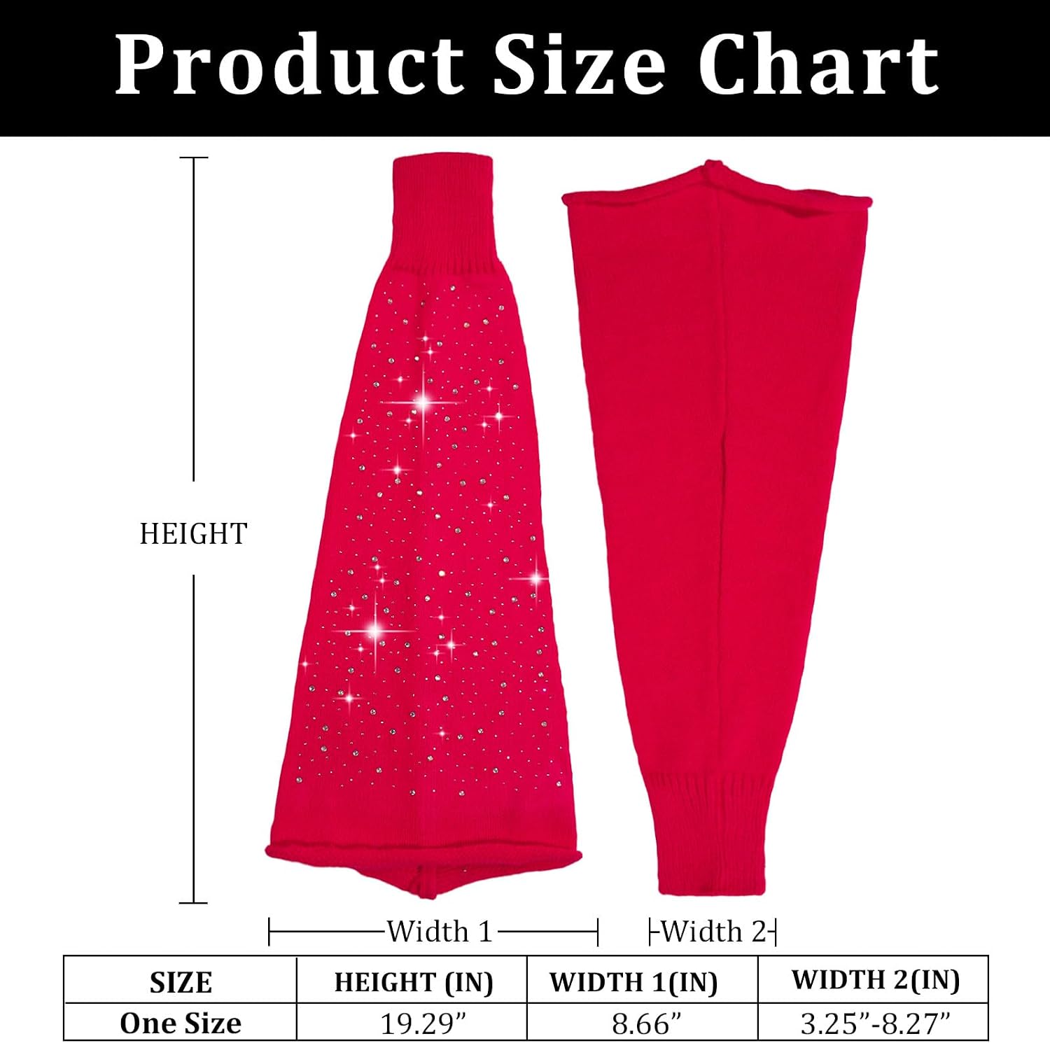 Illustrated red flared leg warmers with rhinestone specks and elastic cuffs