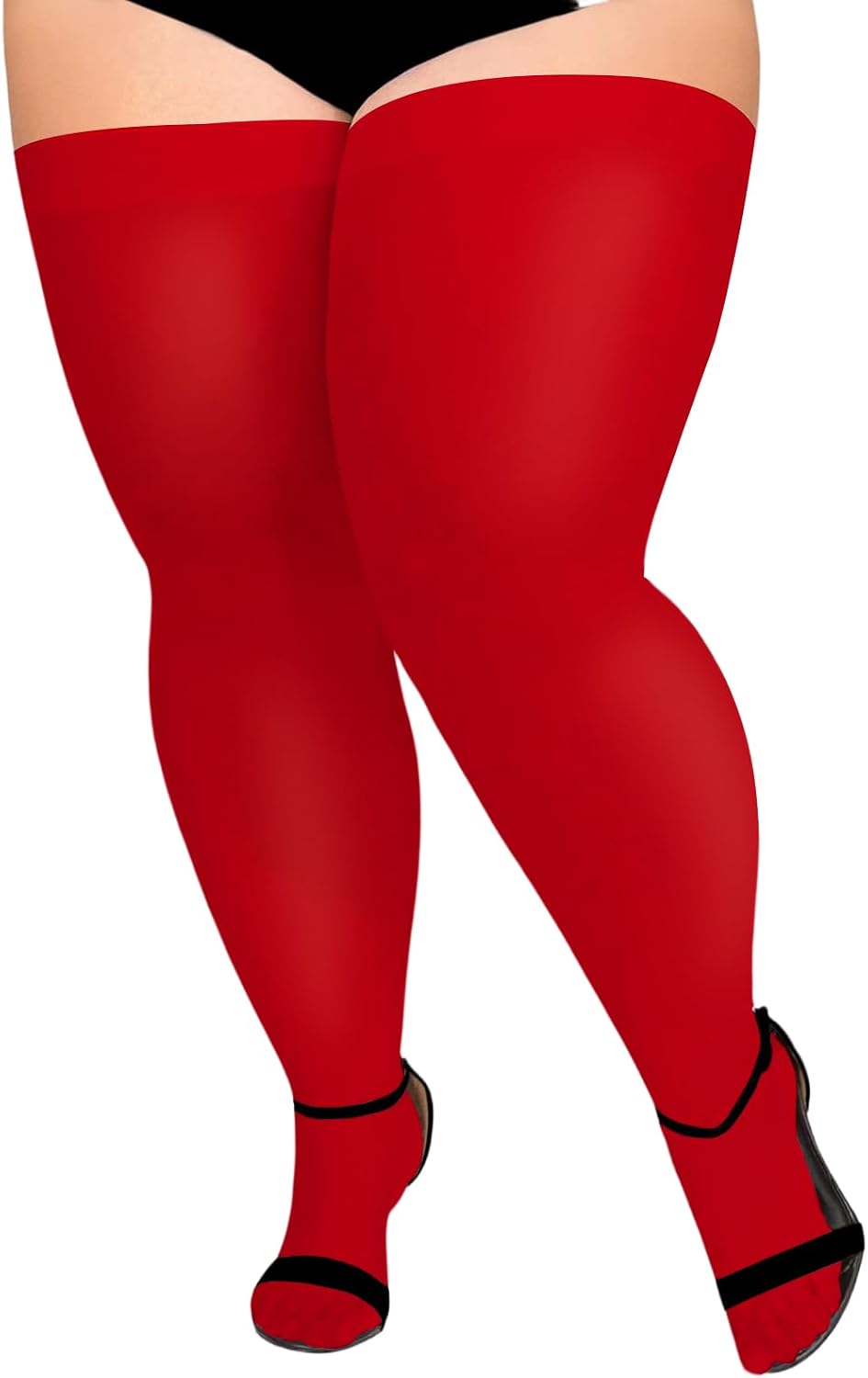 Red opaque thigh-high stockings with smooth wide band, plus size