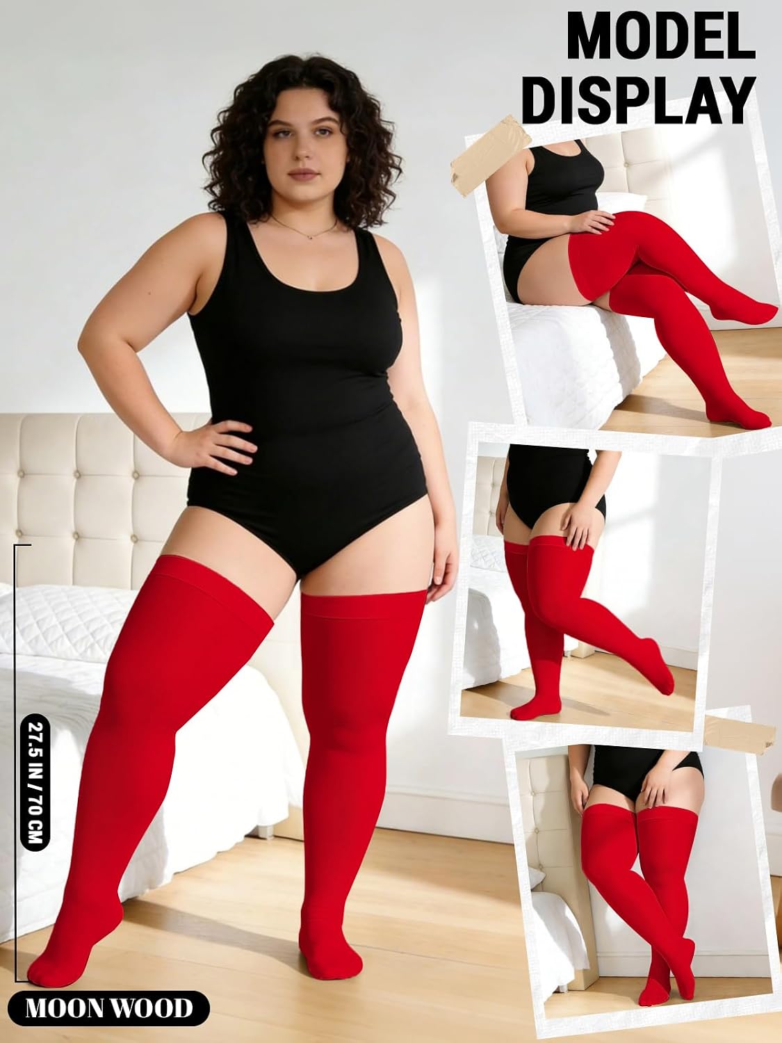 Red opaque thigh-high stockings on model, full-length coverage