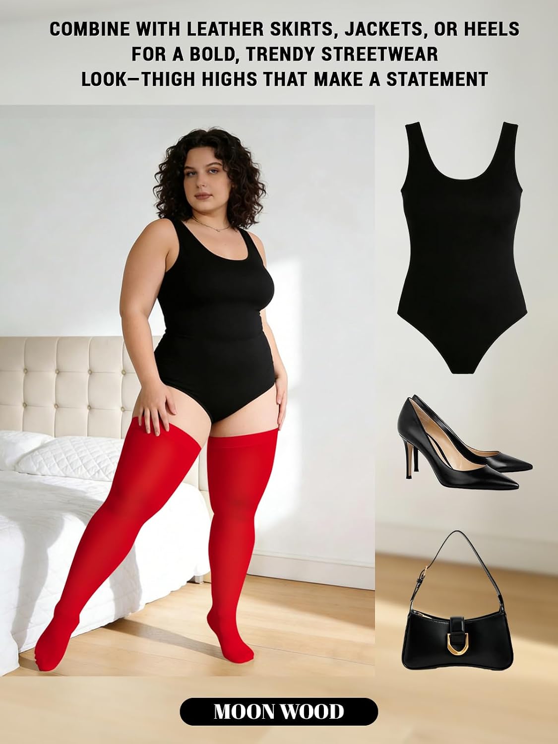 Red opaque thigh-high stockings styled with heels, full coverage