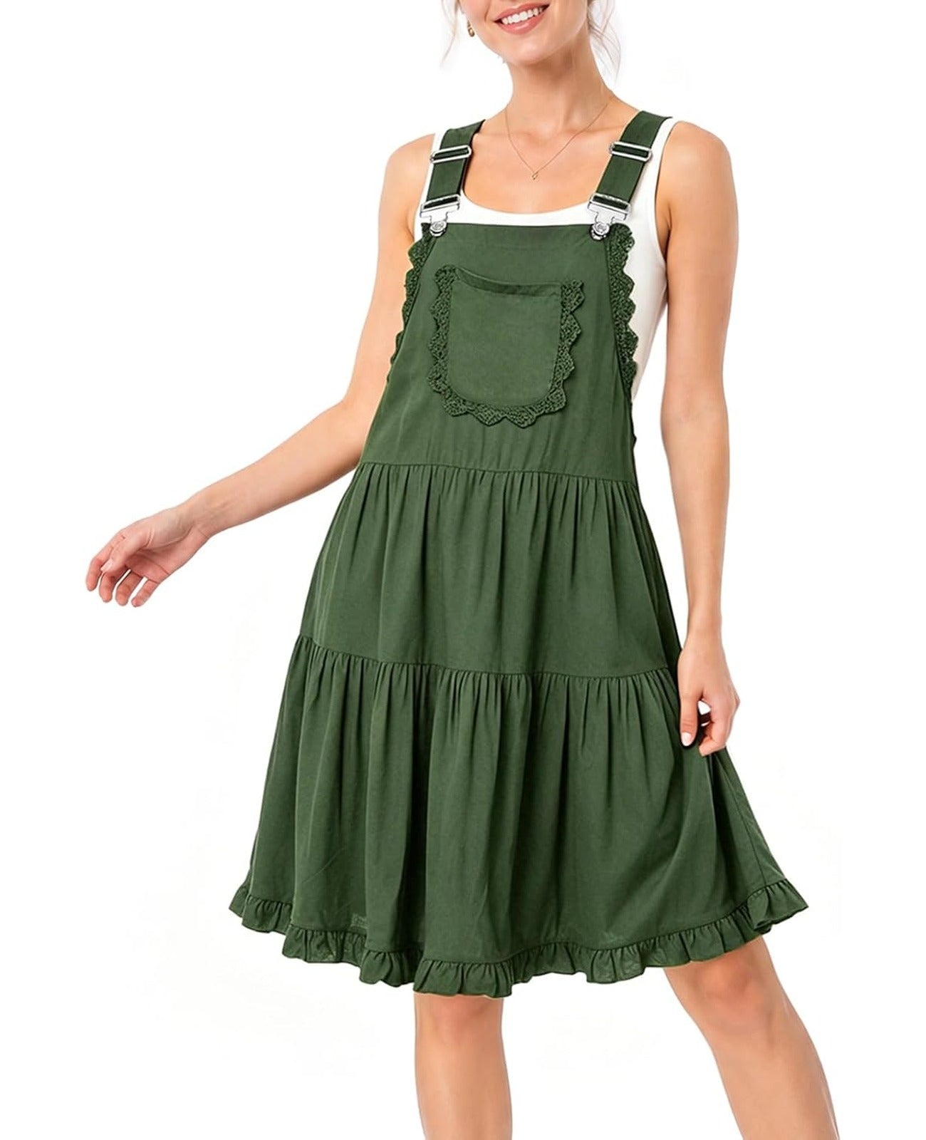 Short overall dress with square neckline, tiered skirt, lace-trimmed pocket bib, green