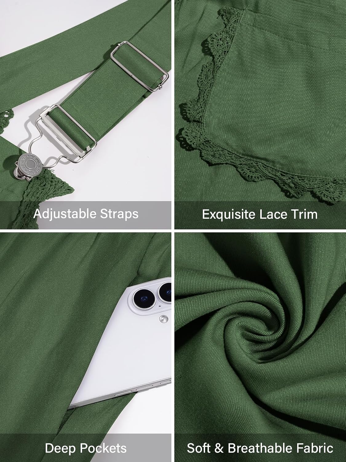 Adjustable overall straps, lace trim, deep pockets, soft breathable green fabric