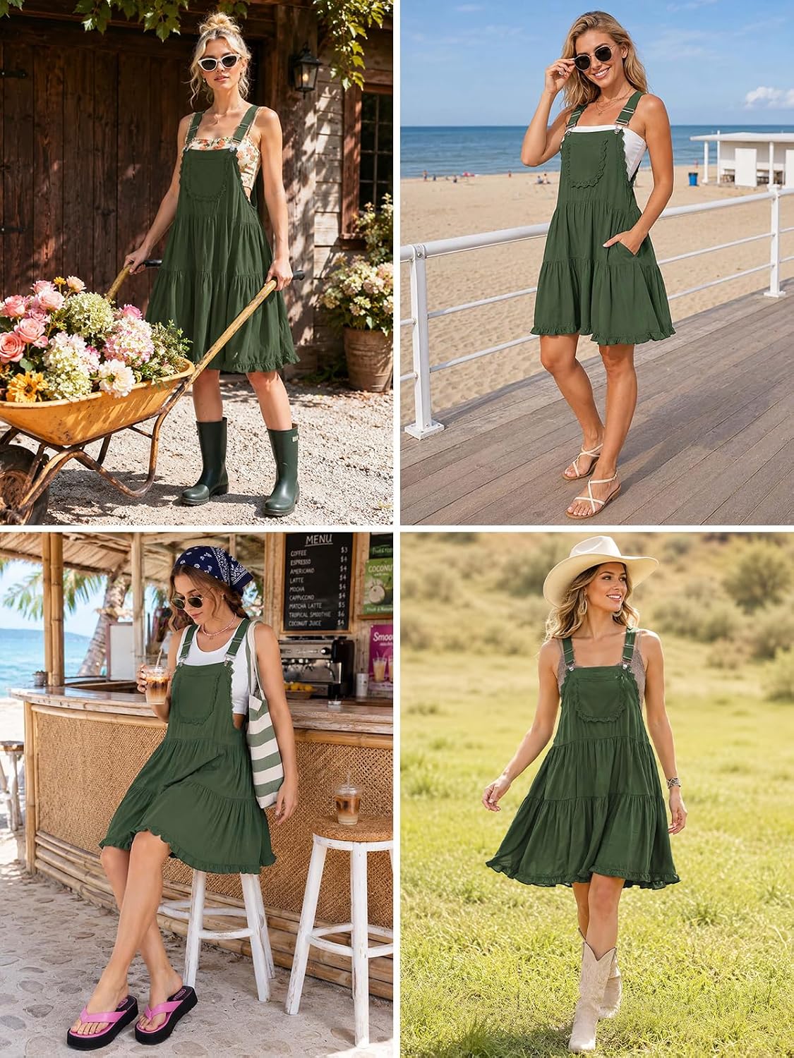 Green tiered overall dress with lace-trimmed bib pocket and adjustable straps on model