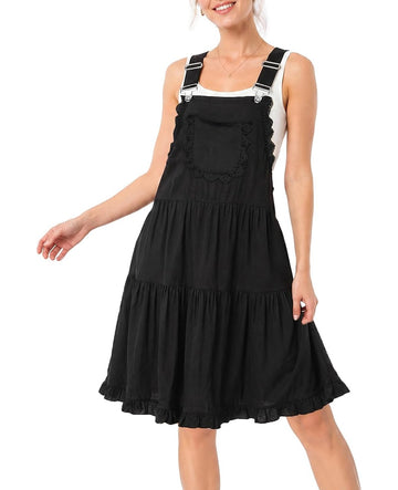 Black short overall dress with adjustable straps, lace trim, tiered skirt, front pocket