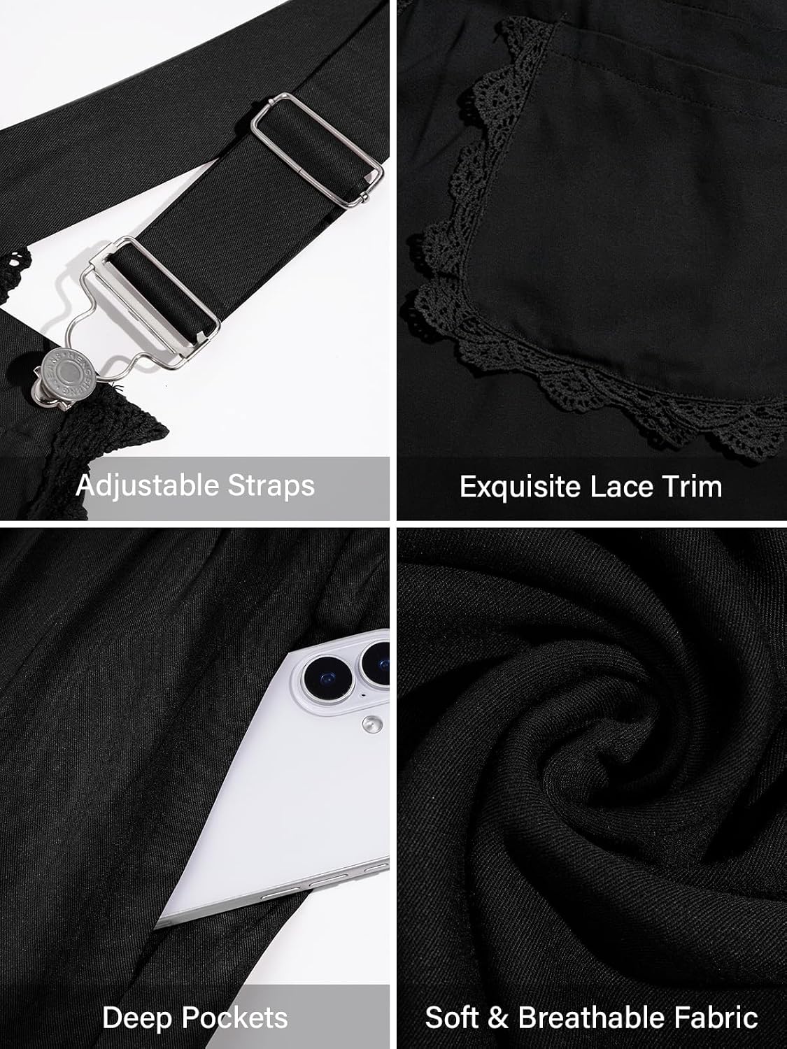 Black overall dress detail: adjustable straps, lace trim, and deep front pockets