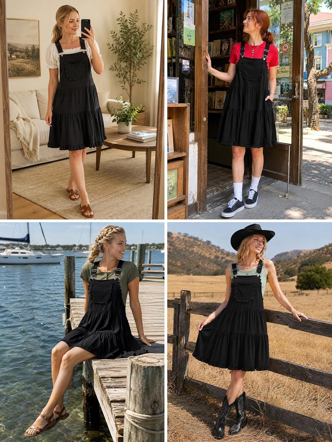 Black short overall dress with tiered ruffle skirt and lace-trimmed pocket bib