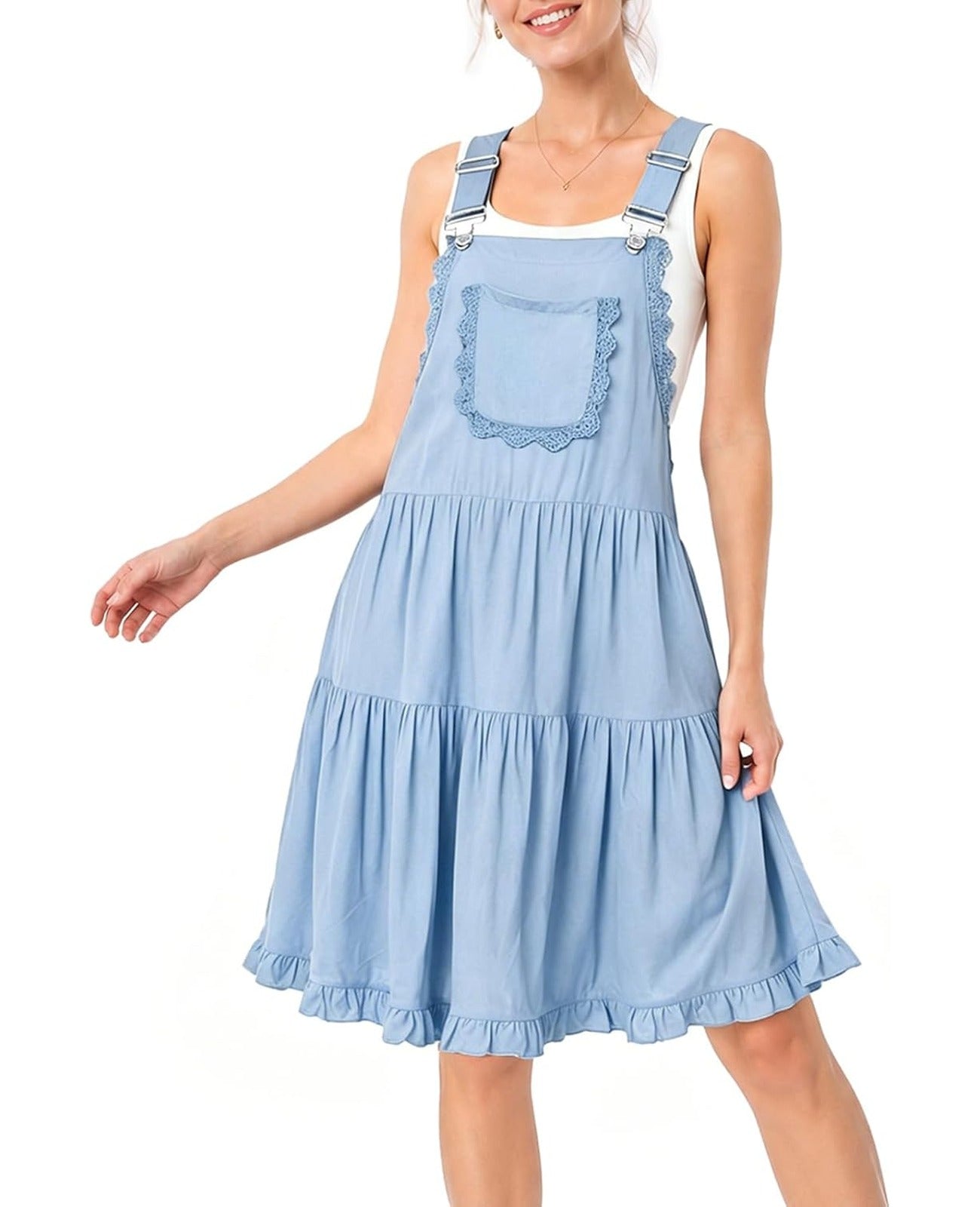 Moon Wood short overall dress with pockets in light blue, tiered skirt, adjustable straps