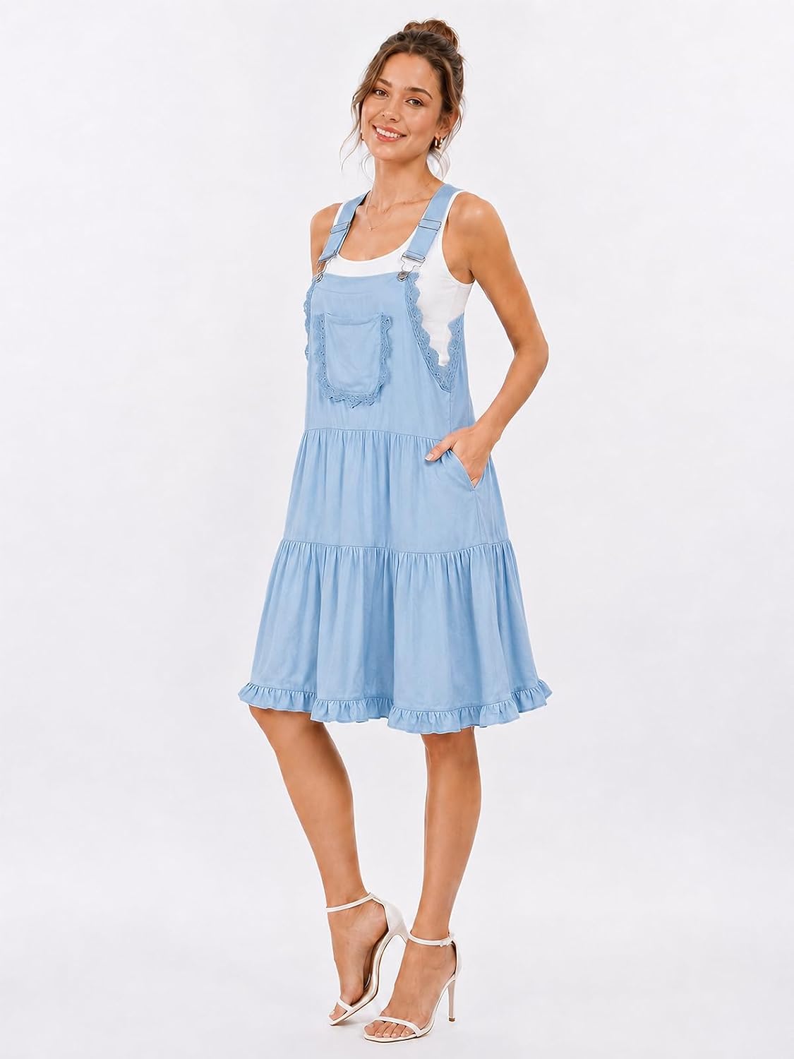 Moon Wood short overall dress with pockets, light blue tiered hem, adjustable straps