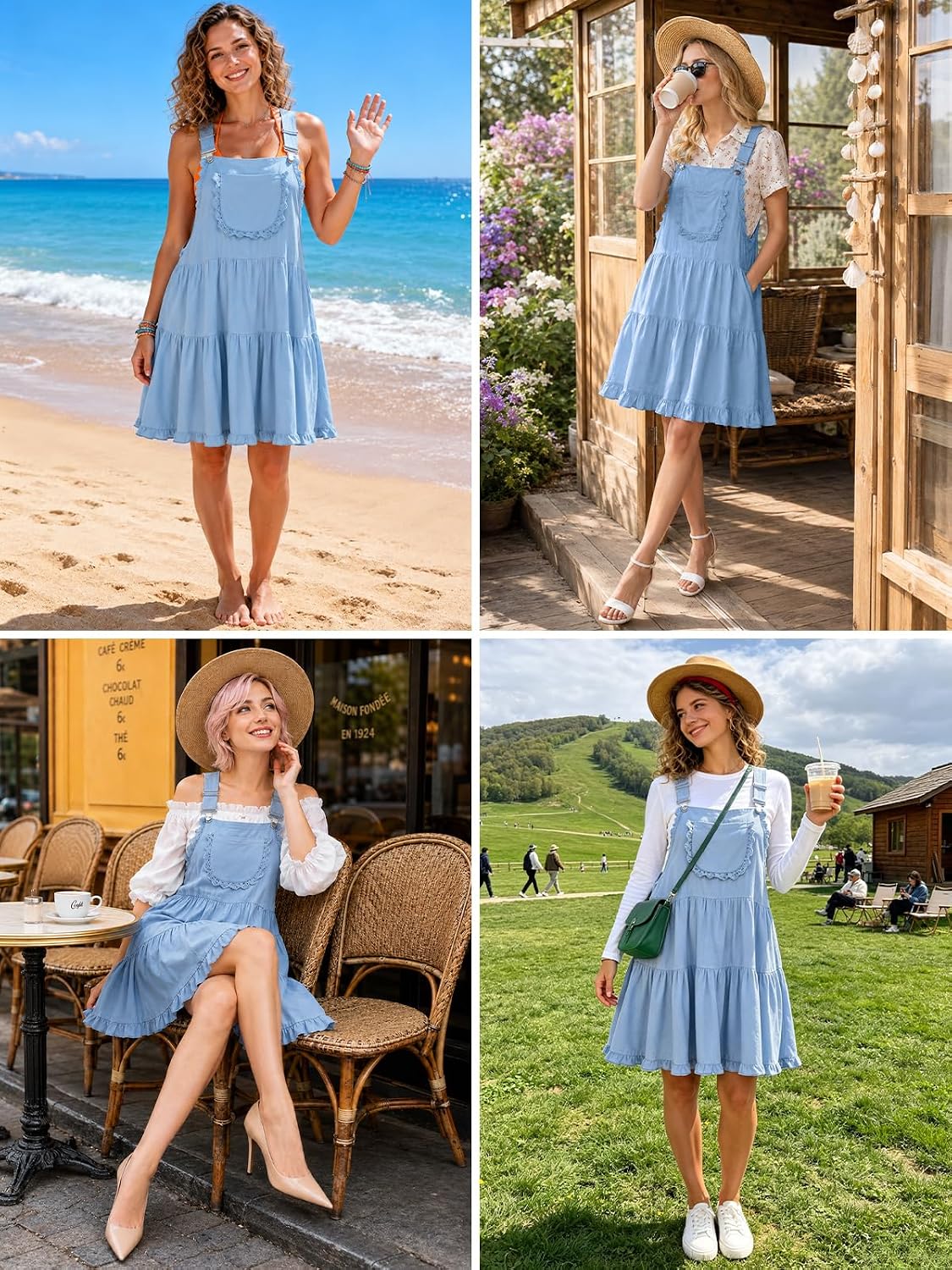 Moon Wood short overall dress with pockets, blue tiered skirt and lace-trim bib