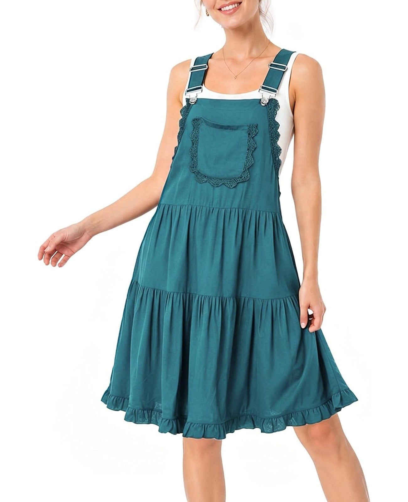 Teal-blue short overall dress with adjustable straps and lace-trimmed pockets